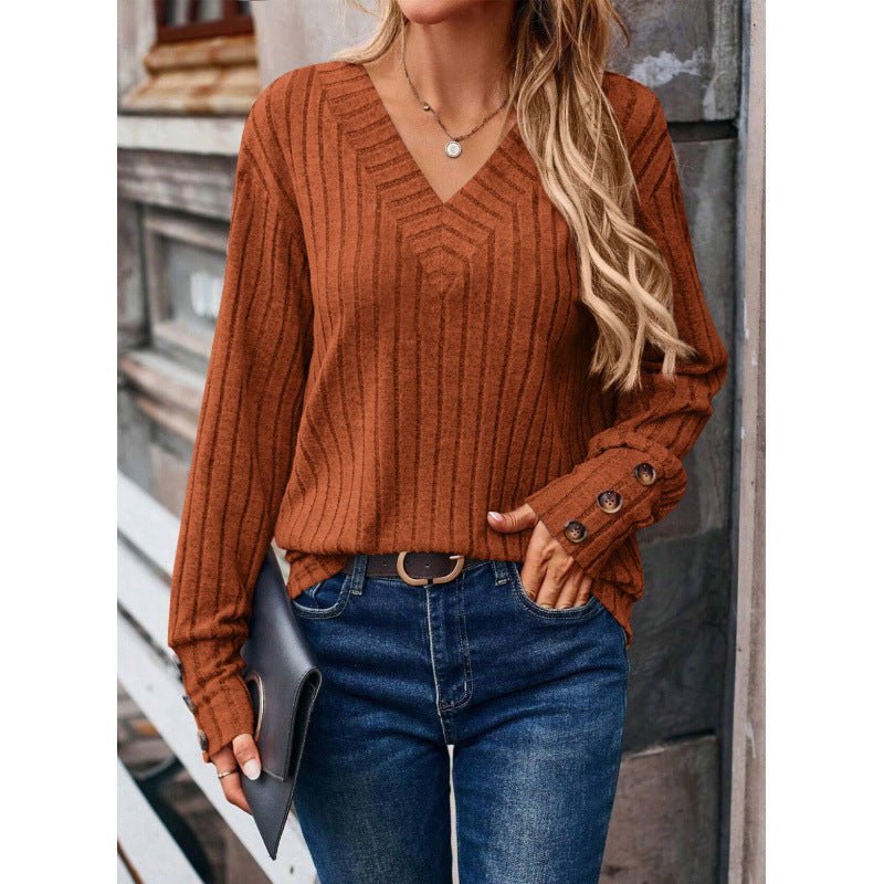 Damen lässiger V-Ausschnitt Pullover mit strukturiertem Rippdesign und eleganten Knopfdetails Drune