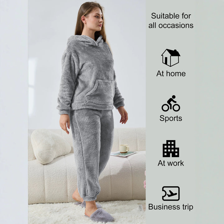 Damen Kuscheliges Teddy-Fleece Lounge-Set mit Kapuze und Kängurutasche Drune