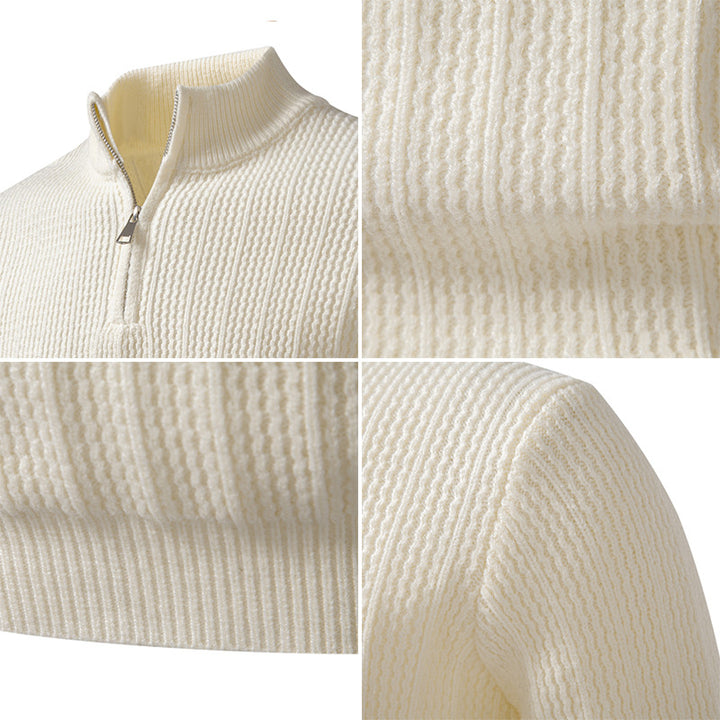 Herren nan feinstrukturierter Halbzip-Pullover mit Stehkragen, geripptem Strukturstrick und schmaler Passform Drune
