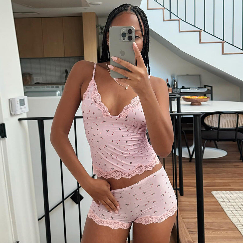 Damen Nachtwäsche-Set mit zarten Spitzenakzenten und floralem Print Drune