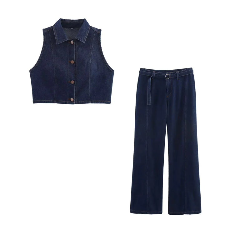 Damen weit geschnittene Jeanshose mit Bindegürtel und eleganter Silhouette Drune
