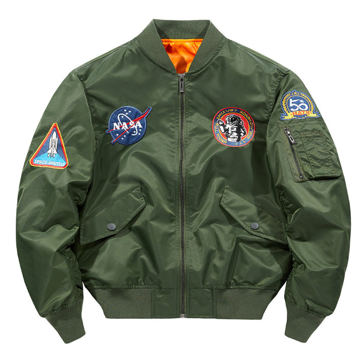 Men's  nylon flight-style bomber with embroidered space patches and contrast orange lining Drune