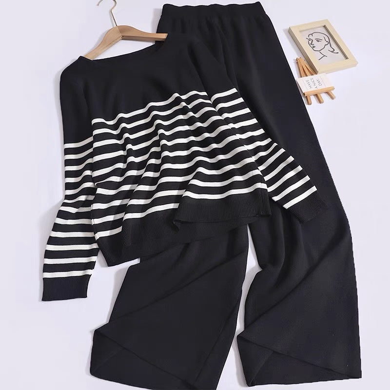 Damen gemütliches Strick-Loungewear-Set mit Streifenmuster Drune