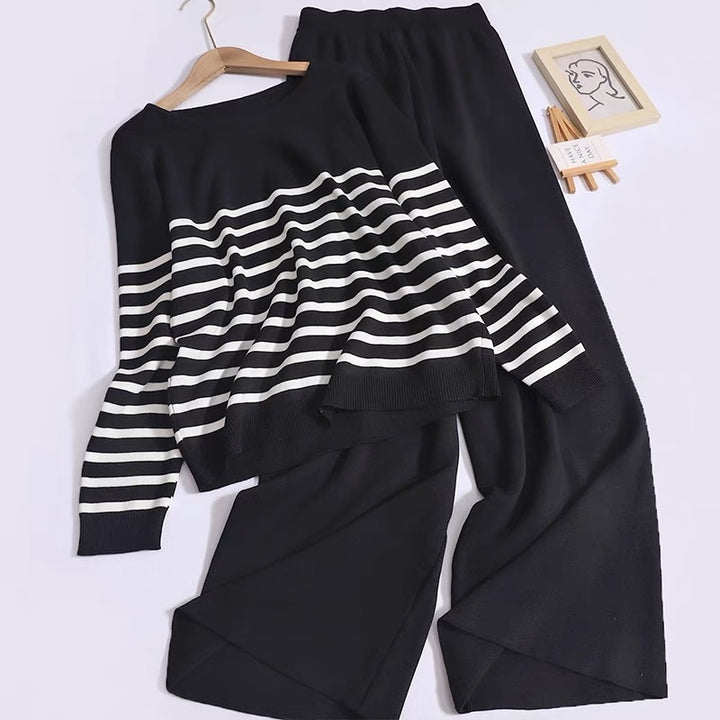 Damen gemütliches Strick-Loungewear-Set mit Streifenmuster Drune