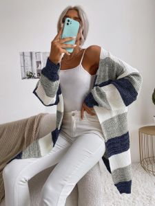 Damen Lässiger Strickmantel mit Streifen Drune