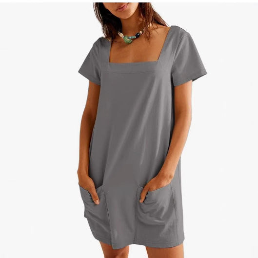 Damen Lockeres Sommerkleid mit Quadrat-Ausschnitt und praktischen Taschen Drune