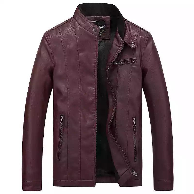Herren Slim-Fit Kunstlederjacke im Bikerstil mit Stehkragen und vertikalen Ziernähten Drune