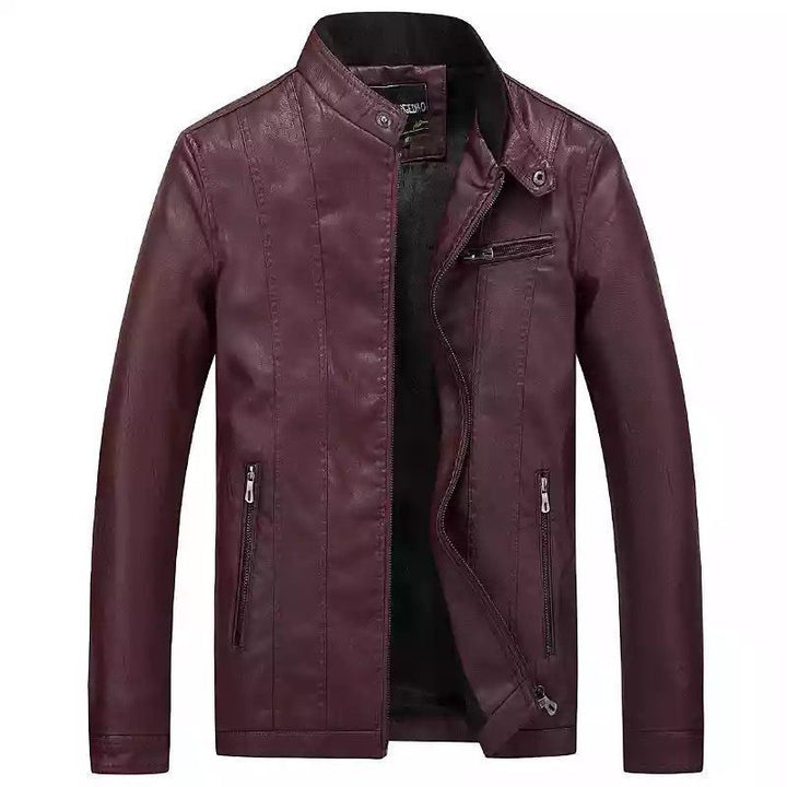 Herren Slim-Fit Kunstlederjacke im Bikerstil mit Stehkragen und vertikalen Ziernähten Drune