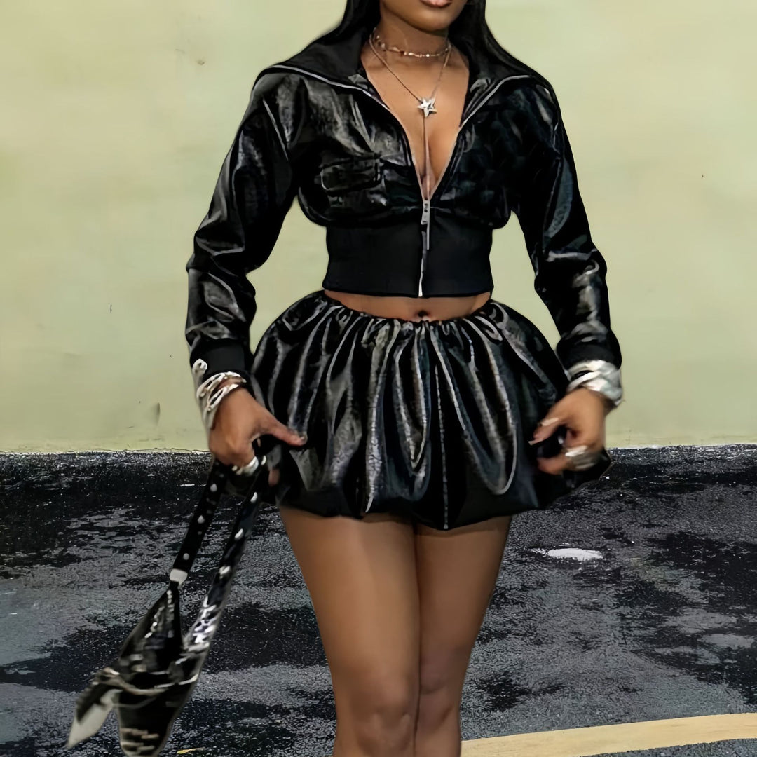 Damen Kurzjacke mit glänzendem Finish und elastischem Bund Drune