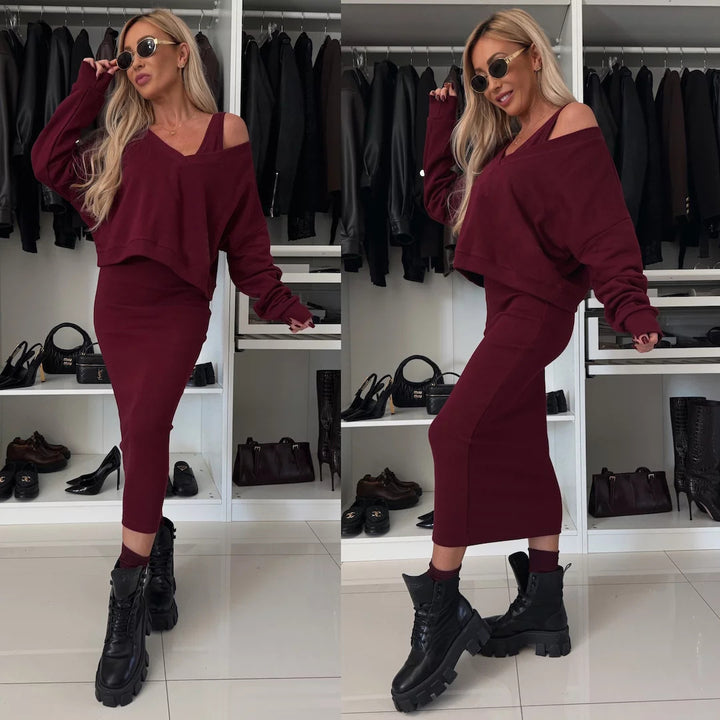 Damen weiches geripptes Lounge-Set mit Oversize-Viskoseshirt und High-Waist Schlaghose Drune
