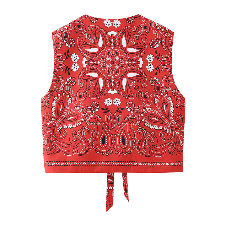 Damen nan ärmellose Bandana-Print Crop-Weste mit doppeltem Schleifenverschluss Drune