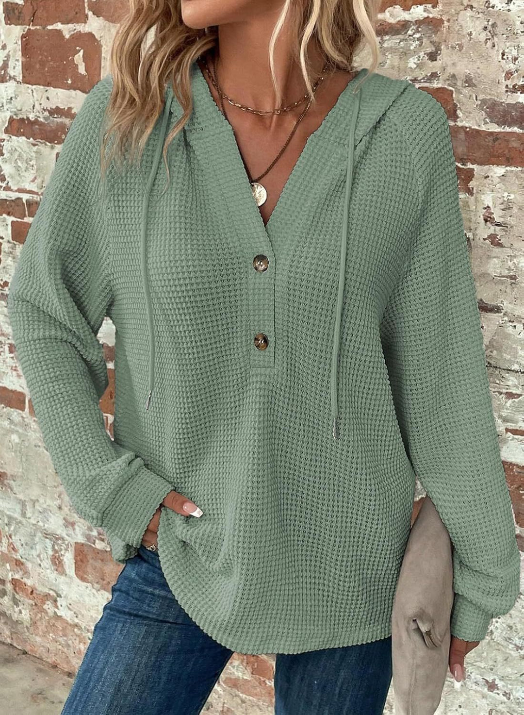 Damen gemütlicher Strickpullover mit Kapuze und Knopfleiste Drune