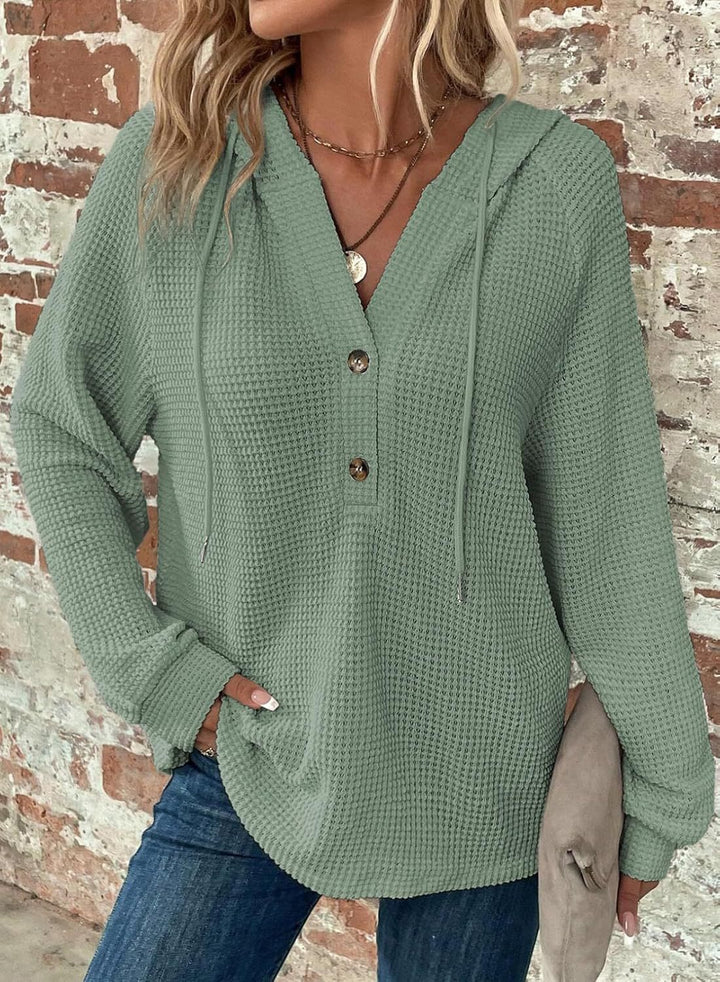 Damen gemütlicher Strickpullover mit Kapuze und Knopfleiste Drune