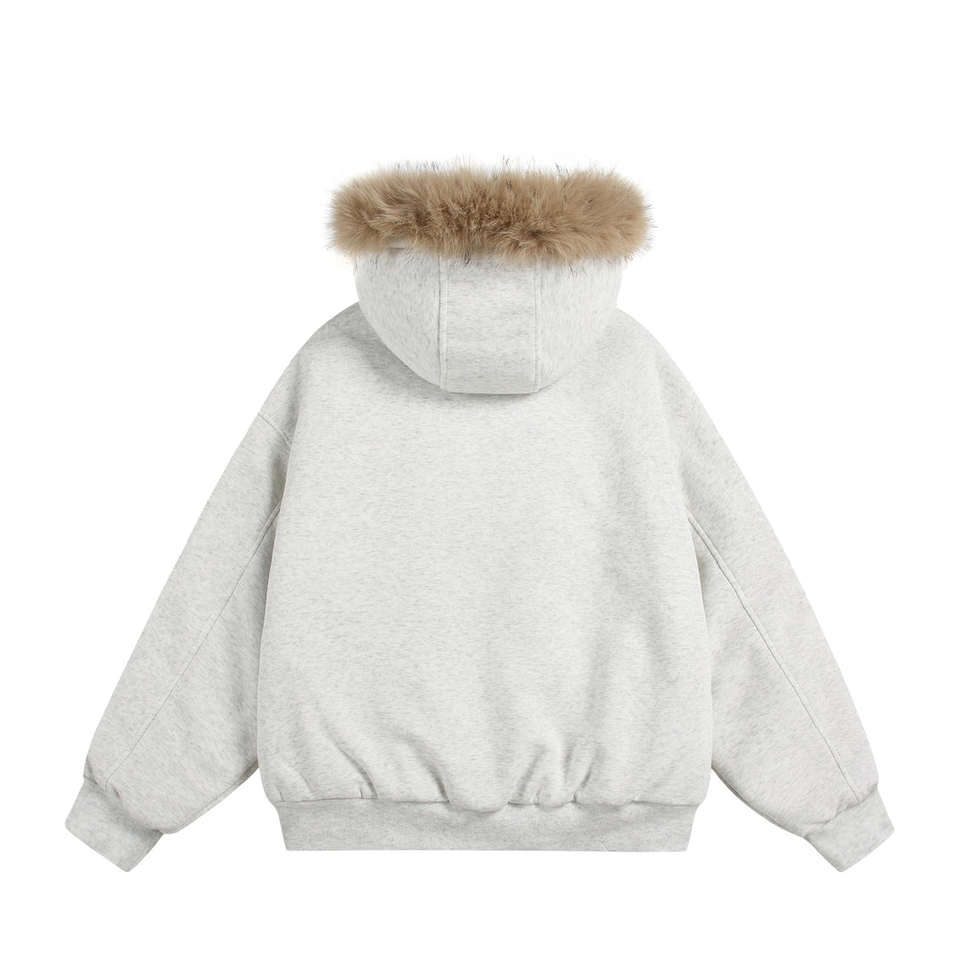 Damen Kurzboxy Kapuzenblouson aus French‑Terry mit voluminöser Kunstfellkante Drune