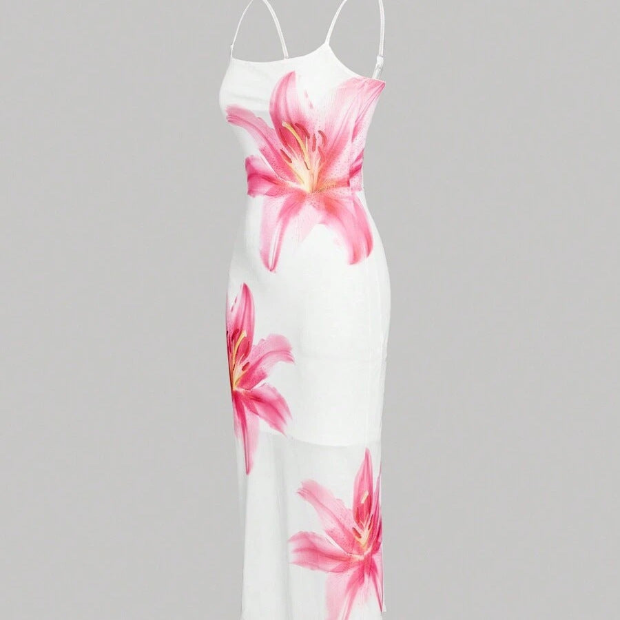 Damen sommerliches Blumenkleid mit feinen Spaghetti-Trägern und fließendem Schnitt Drune