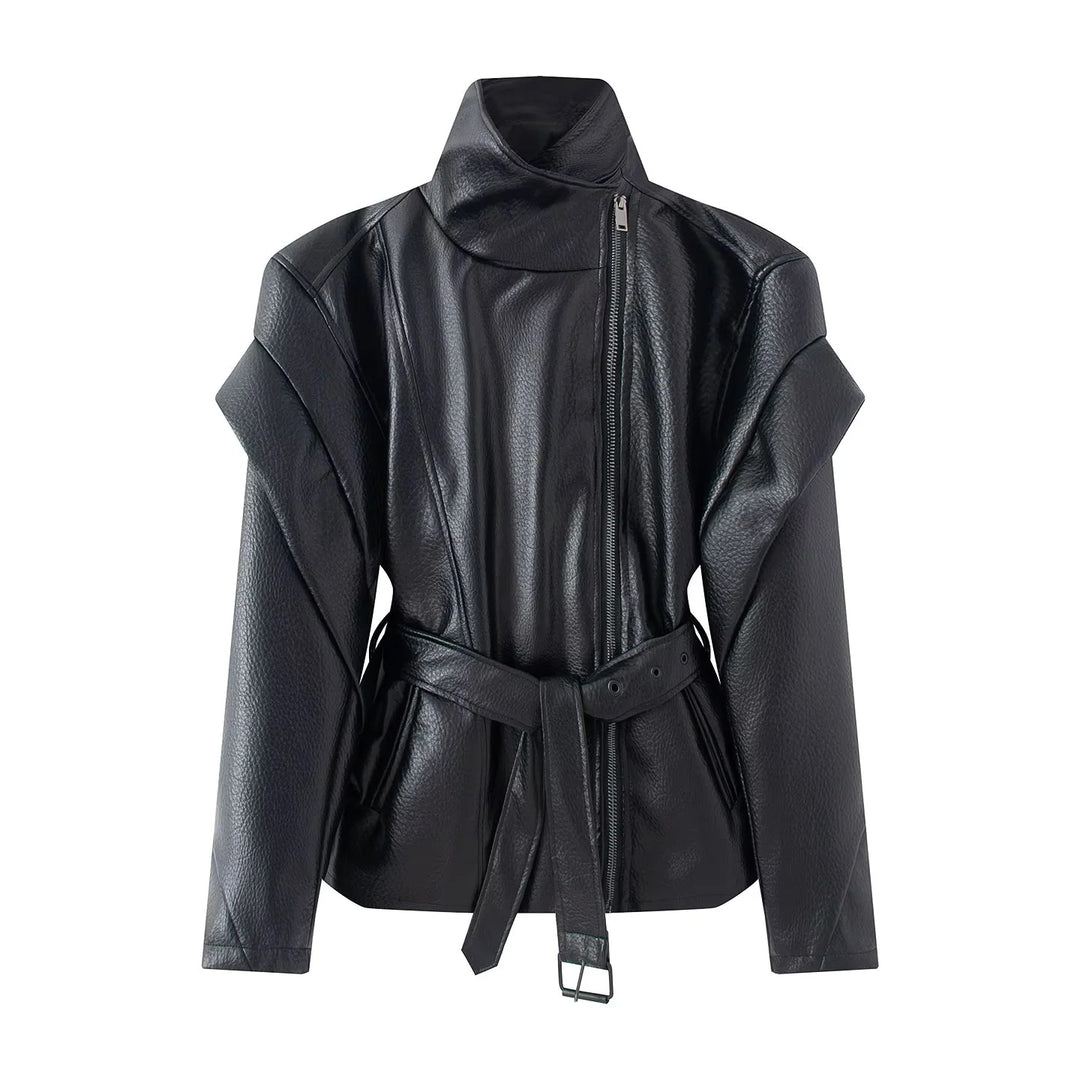 Damen nan taillierte Kunstlederjacke mit asymmetrischem Reißverschluss, hohem Stehkragen und Bindegürtel Drune