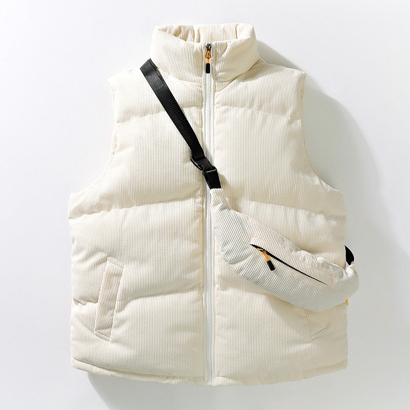 Herren Gesteppte Cord-Ärmellose Thermoweste mit Stehkragen und integrierter Crossbody-Tasche Drune