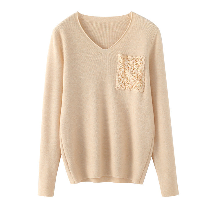 Damen Kaschmir‑Optik V‑Ausschnittpullover mit floraler Häkelapplikation Drune