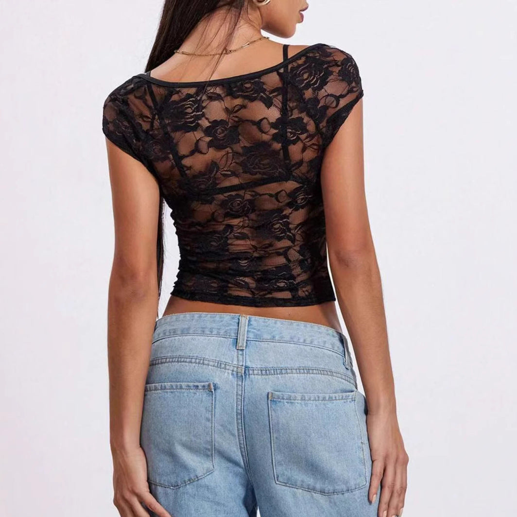 Damen Spitzenoberteil mit seitlichem Cut-Out und dekorativen Details Drune
