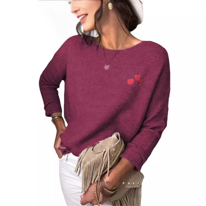 Damen Oversize Strickpullover mit Herz-Stickerei und weitem Boot-Ausschnitt Drune