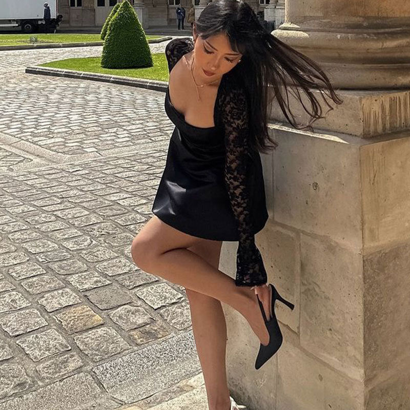 Damen Elegantes Kleid mit Spitzenärmel und fließendem Rock Drune