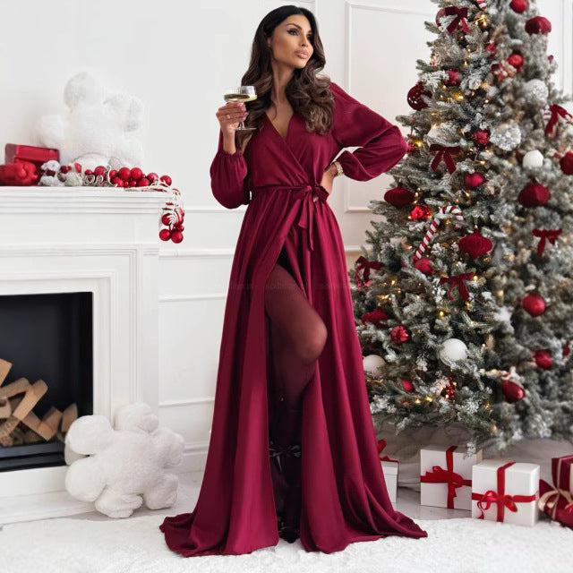 Damen hochgeschlitztes elegantes Maxikleid mit Wickel-Detail Drune