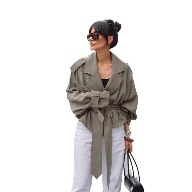 Damen Oversize Trenchjacke im Cropped-Schnitt mit Bindegürtel, überschnittenen Schultern und Ballonärmeln Drune