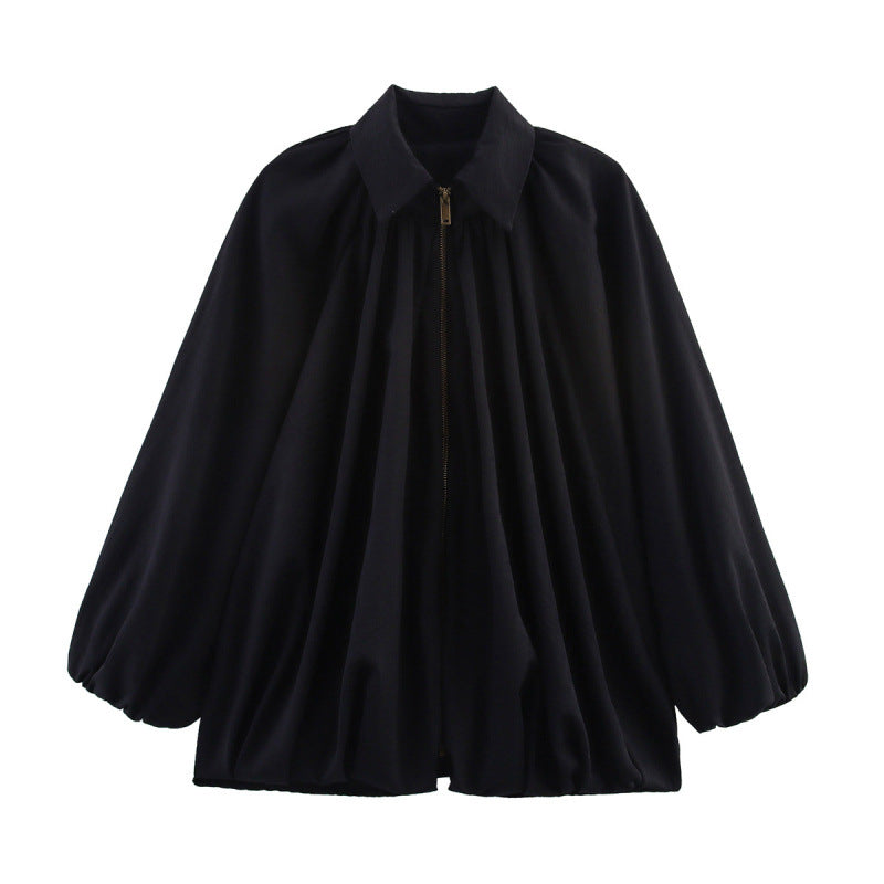 Damen Oversize Plissée-Hemdbluse mit Frontreißverschluss, Kellerfalten und Ballonärmeln Drune