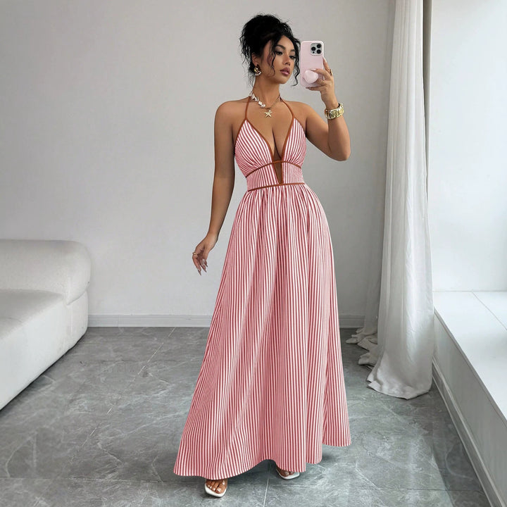 Damen Gestreiftes Neckholder-Maxikleid mit tiefem V-Ausschnitt und Taillen-Cut-Out Drune