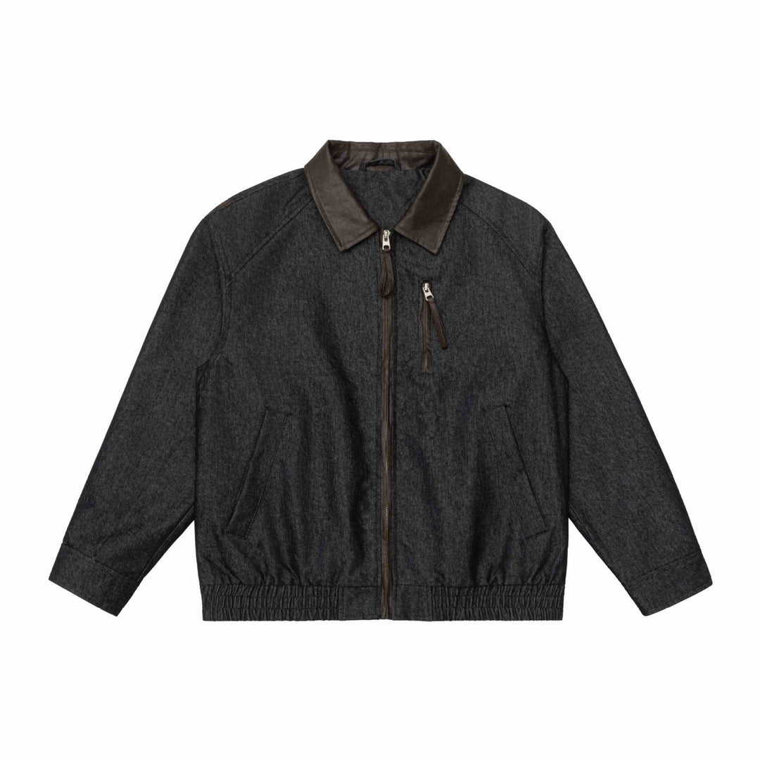 Herren Kurzblouson im Boxy-Cut aus Woll-Denimmix mit lederbesetztem Kragen und vertikaler Reißverschluss-Brusttasche Drune