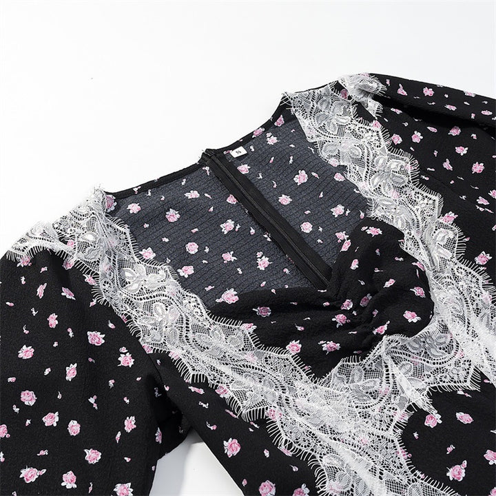 Damen Langärmeliges Maxikleid mit Spitzenborten, tiefem V‑Ausschnitt und floralem Alloverprint Drune