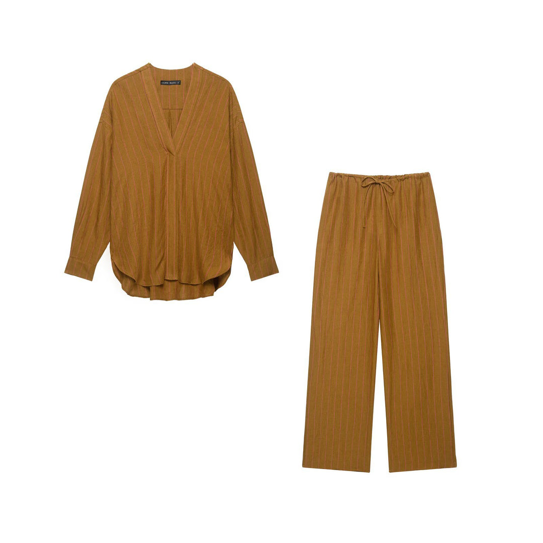 Damen Oversize Streifenbluse mit tiefem V‑Ausschnitt und gerundetem Saum Drune