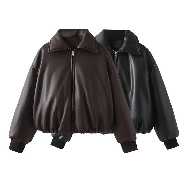 Damen nan gepolsterte Cropped Kunstleder-Bomberjacke mit Hemdkragen elastischem Saum und Rippbündchen Drune