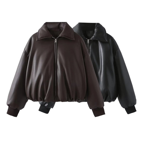 Damen nan gepolsterte Cropped Kunstleder-Bomberjacke mit Hemdkragen elastischem Saum und Rippbündchen Drune