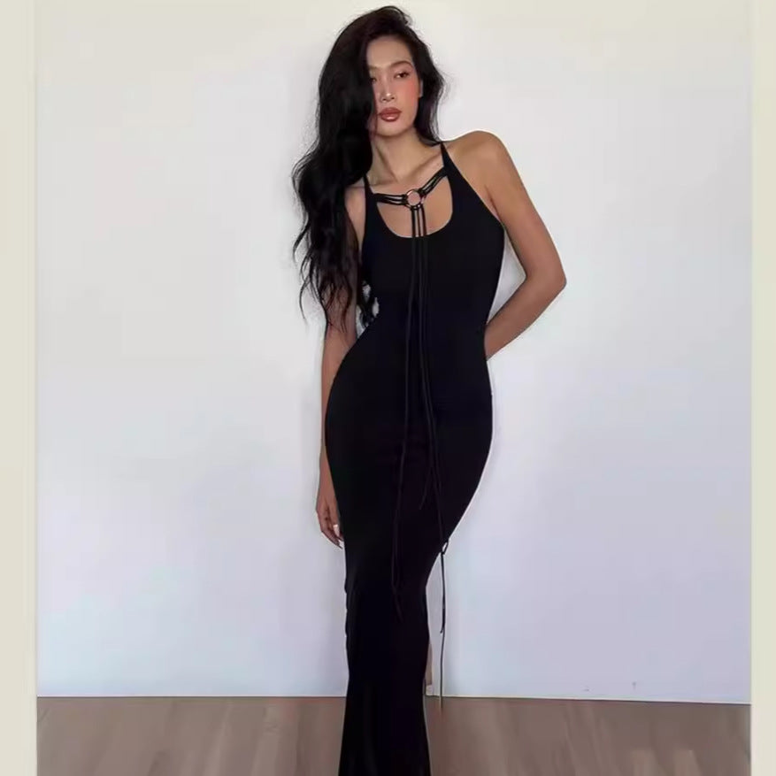 Damen elegantes Maxikleid mit verstellbaren Trägern und raffiniertem Ausschnitt Drune