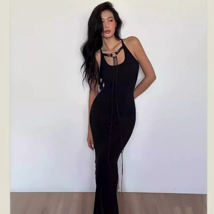 Damen elegantes Maxikleid mit verstellbaren Trägern und raffiniertem Ausschnitt Drune