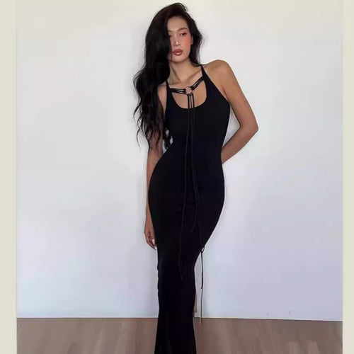 Damen elegantes Maxikleid mit verstellbaren Trägern und raffiniertem Ausschnitt Drune
