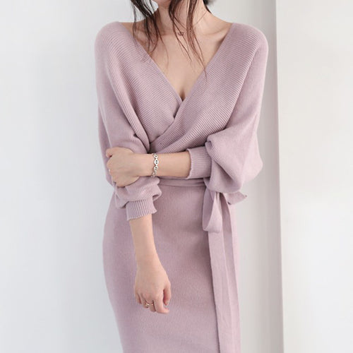 Damen Strickkleid mit Wickeloptik und knöpfbarem Gürtel Drune
