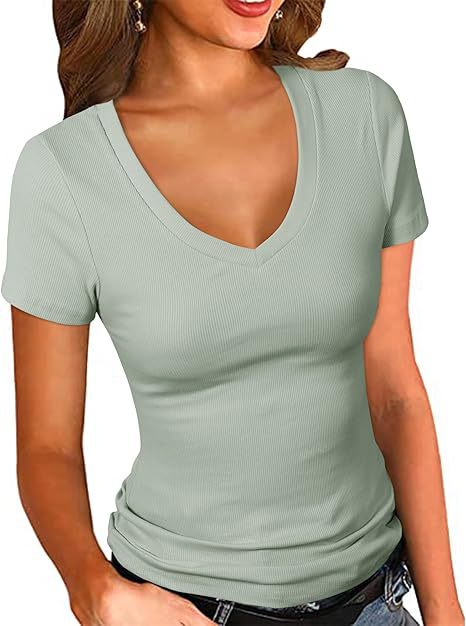 Damen V-Ausschnitt T-Shirt mit strukturierter Oberfläche Drune