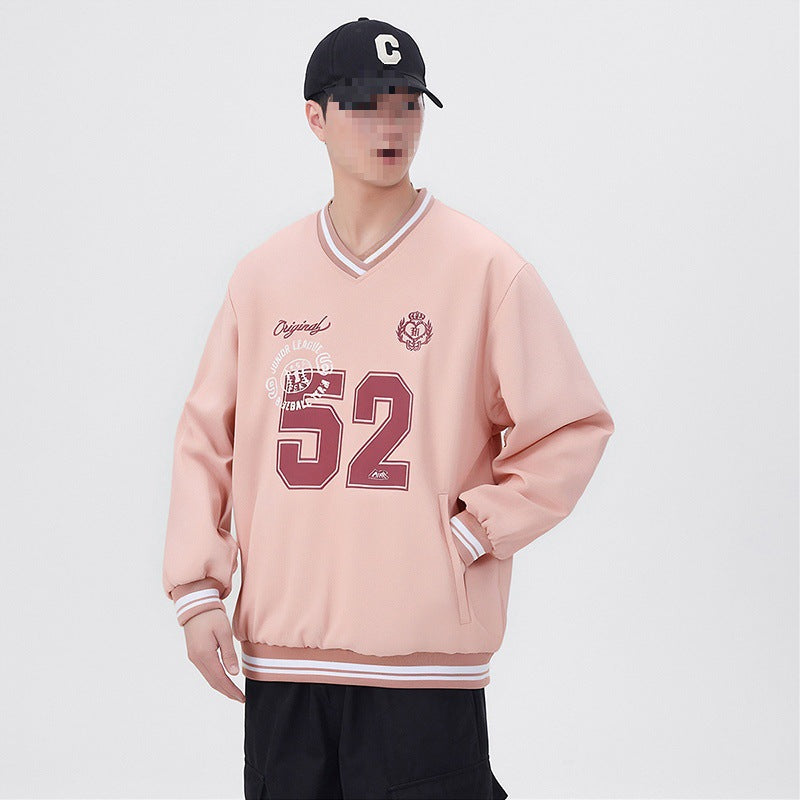Herren Oversize V‑Ausschnitt Sportsweatshirt im College‑Look mit gestreiften Bündchen Drune