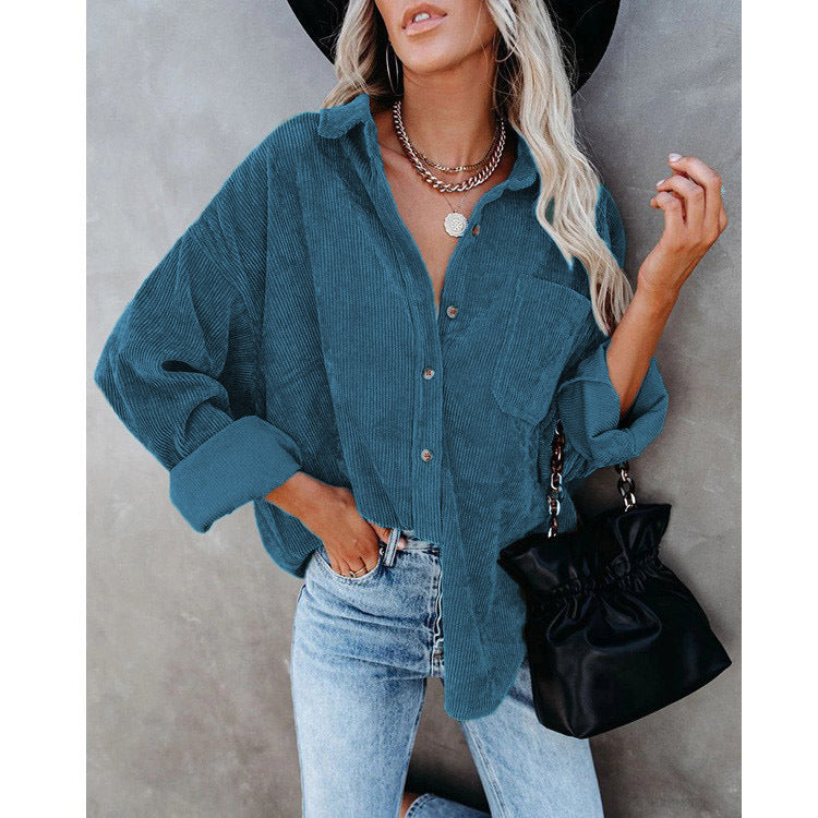 Damen Oversize Cordhemdjacke mit Brusttasche und durchgehender Knopfleiste Drune