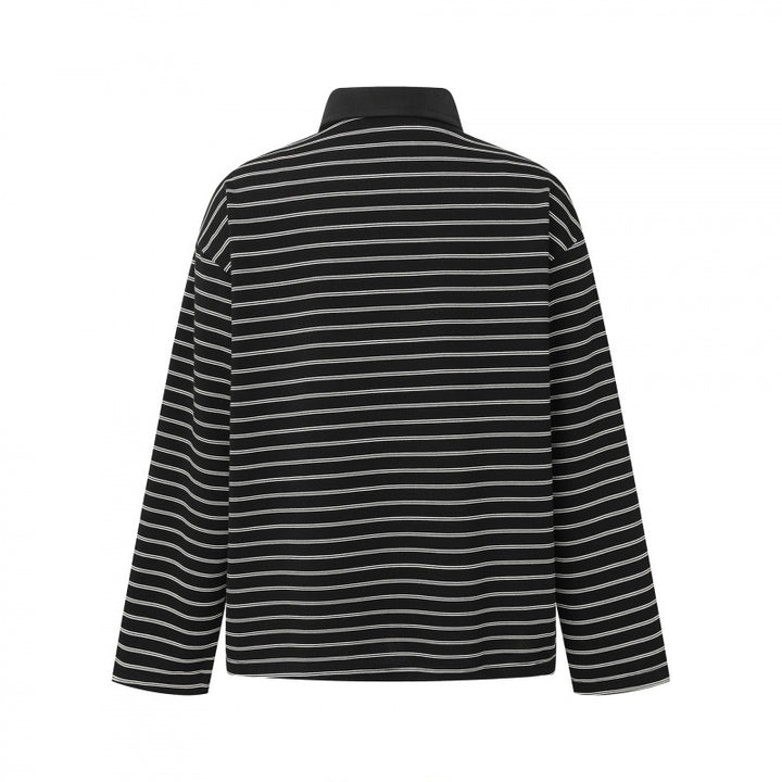Unisex Langarm-Poloshirt im Oversize-Cut aus Baumwolljersey mit Streifen und Henley-Knopfleiste Drune