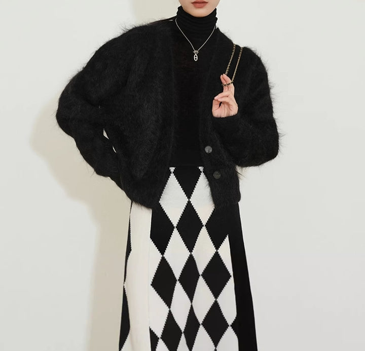Damen elegante Strickjacke mit modernem Schnitt und hohen Kragen Drune
