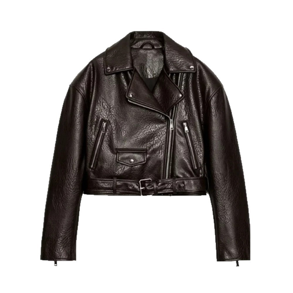 Damen Kurz geschnittene Bikerjacke aus Kunstleder mit Taillengürtel und asymmetrischem Reißverschluss Drune