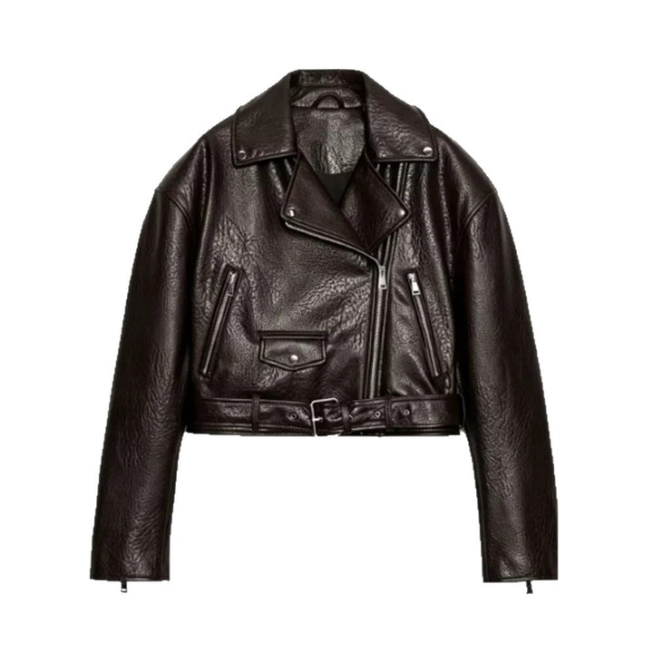 Damen Kurz geschnittene Bikerjacke aus Kunstleder mit Taillengürtel und asymmetrischem Reißverschluss Drune