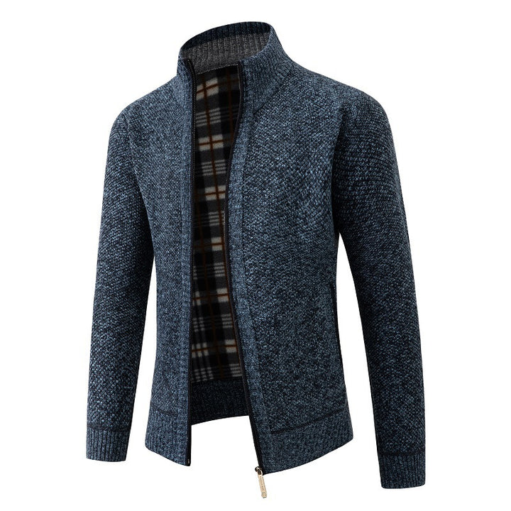 Herren Strukturiertes Zip-Strickjacke mit Karo‑Fleece‑Futter und Stehkragen Drune