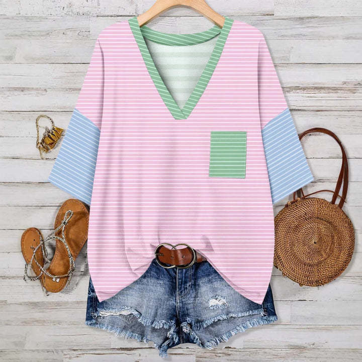 Damen lässiges V-Neck T-Shirt mit Streifen-Design Drune