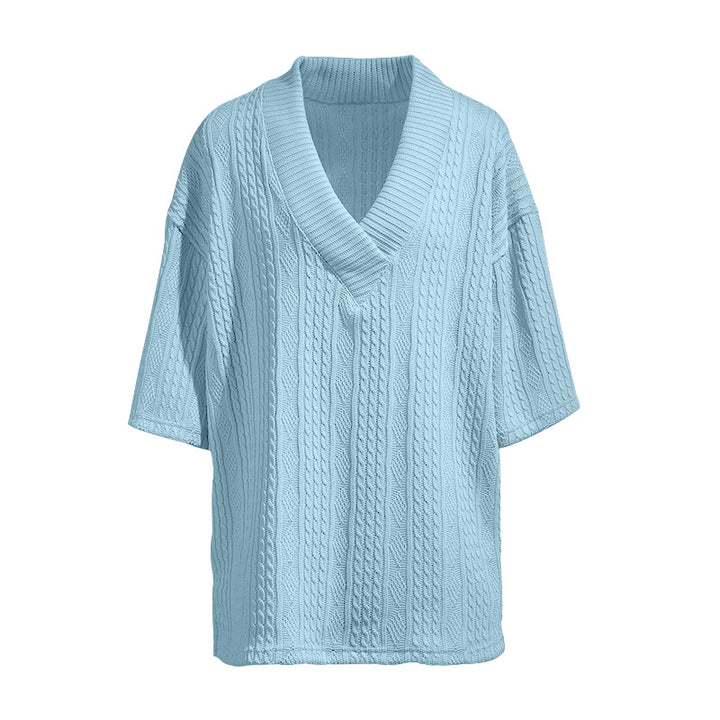 Damen nan weiter Kurzarm-Strickpullover mit Schalkragen und Zopfmuster Drune