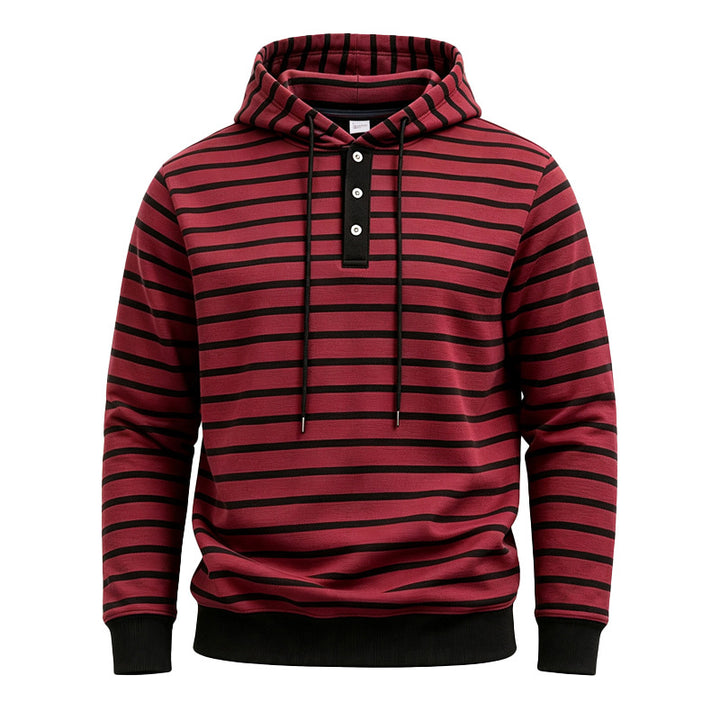 Herren Gestreifter Kapuzenpullover mit Henley‑Knopfleiste, Kordelzug und Rippbündchen Drune