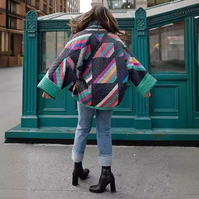 Damen wattierte Kimono-Steppjacke mit Patchwork-Design und weiten Ärmeln Drune